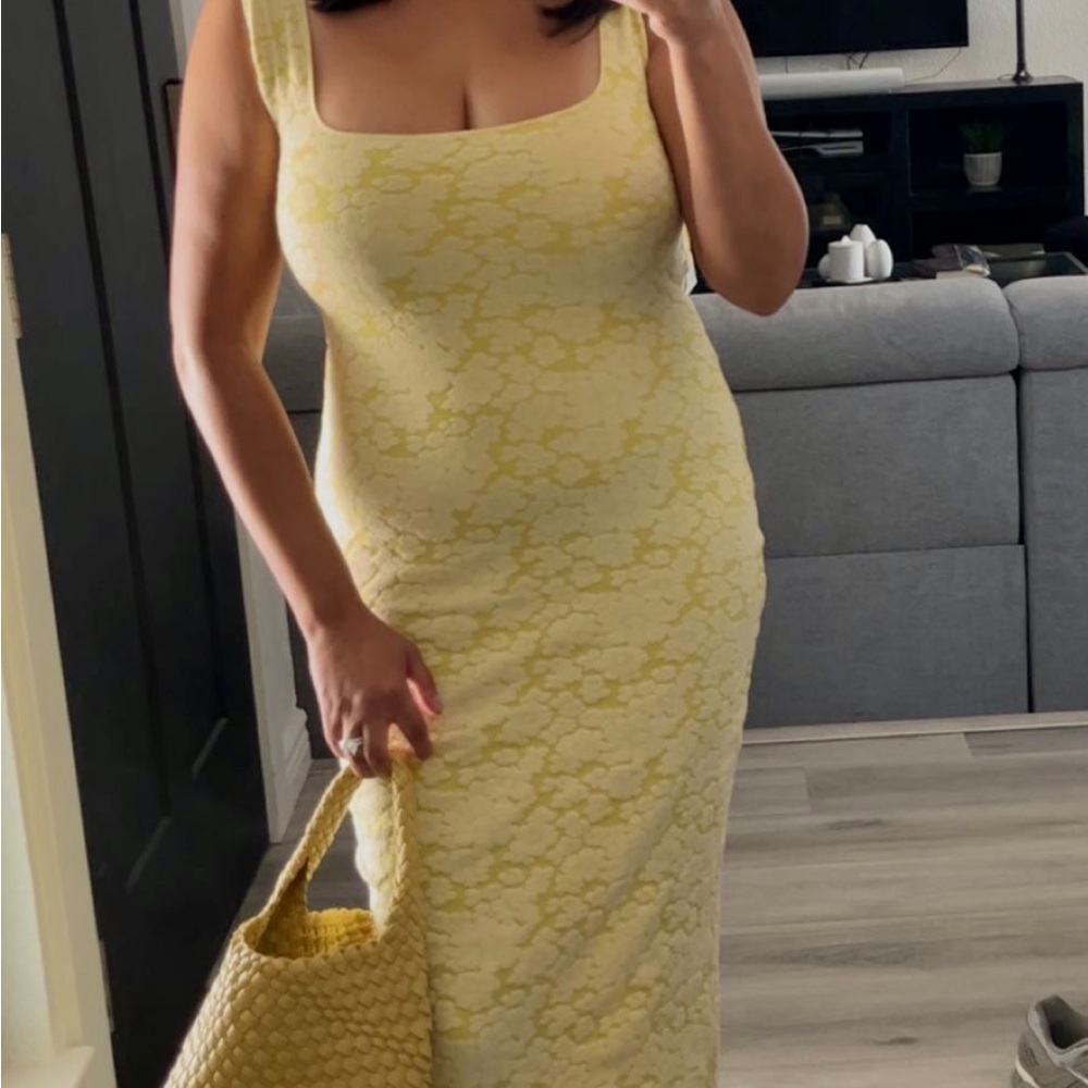 Zara Yellow Bodycon Midi Dress Square Neck Sleeveless